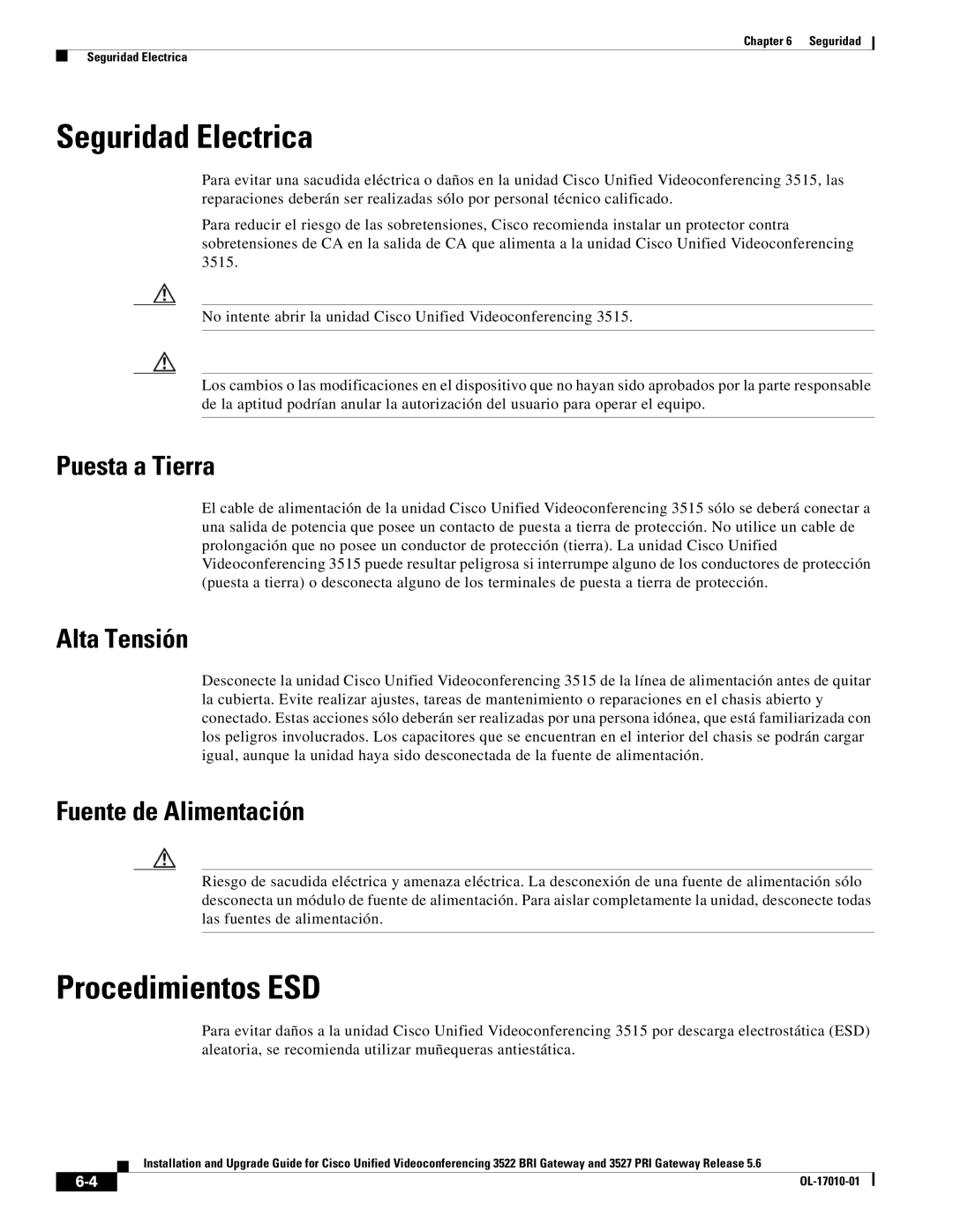 Cisco Systems 3522 BRI Seguridad Electrica, Procedimientos ESD, Puesta a Tierra, Alta Tensión, Fuente de Alimentación 