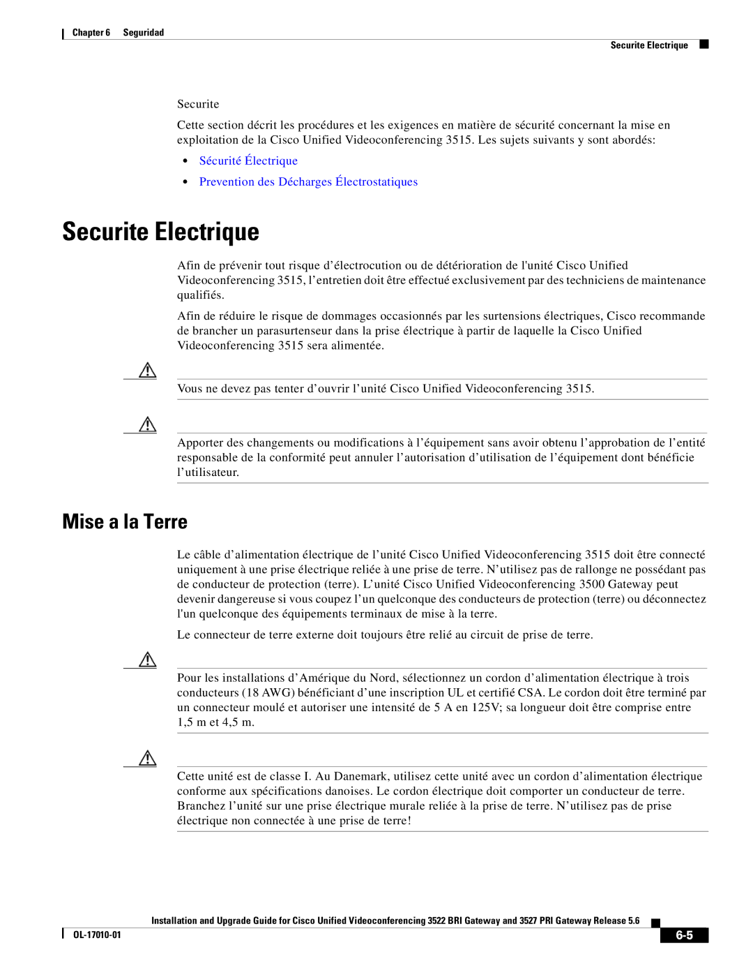 Cisco Systems 3522 BRI manual Securite Electrique, Mise a la Terre 