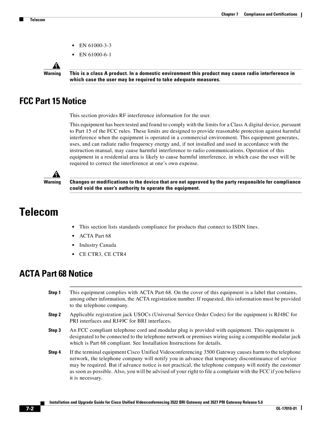 Cisco Systems 3522 BRI manual Telecom, FCC Part 15 Notice, Acta Part 68 Notice, CE CTR3, CE CTR4 