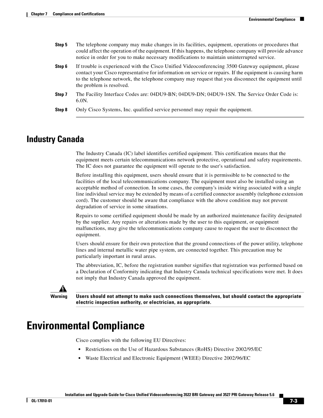 Cisco Systems 3522 BRI manual Environmental Compliance, Industry Canada 