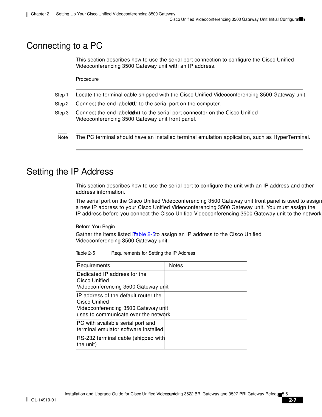 Cisco Systems 3522 BRI, 3527 PRI manual Connecting to a PC, Setting the IP Address, Before You Begin, Requirements 