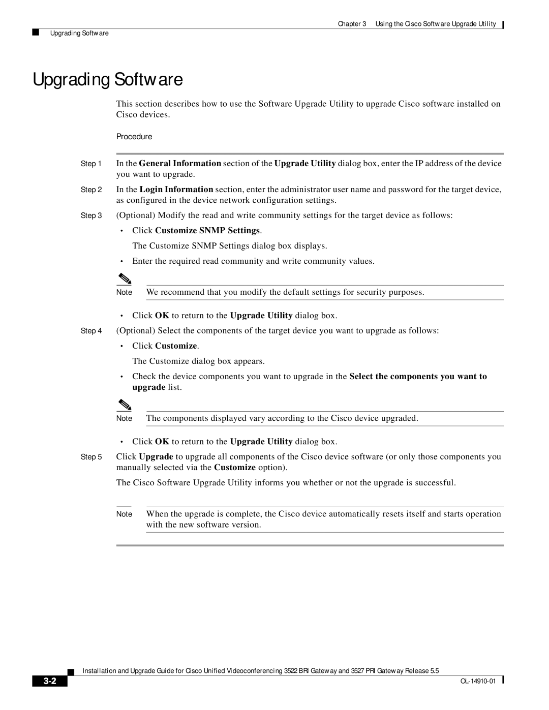 Cisco Systems 3527 PRI, 3522 BRI manual Upgrading Software, Click Customize Snmp Settings 