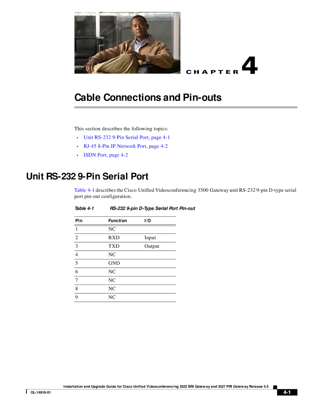 Cisco Systems 3522 BRI, 3527 PRI manual Cable Connections and Pin-outs, Unit RS-232 9-Pin Serial Port, Pin Function 