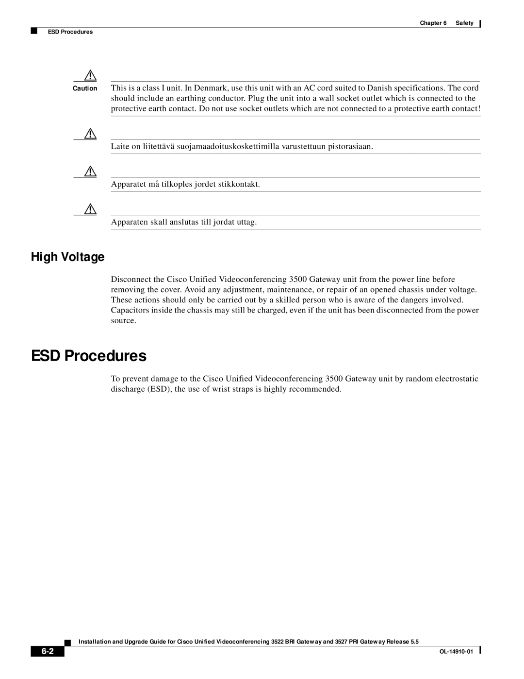 Cisco Systems 3527 PRI, 3522 BRI manual ESD Procedures, High Voltage 