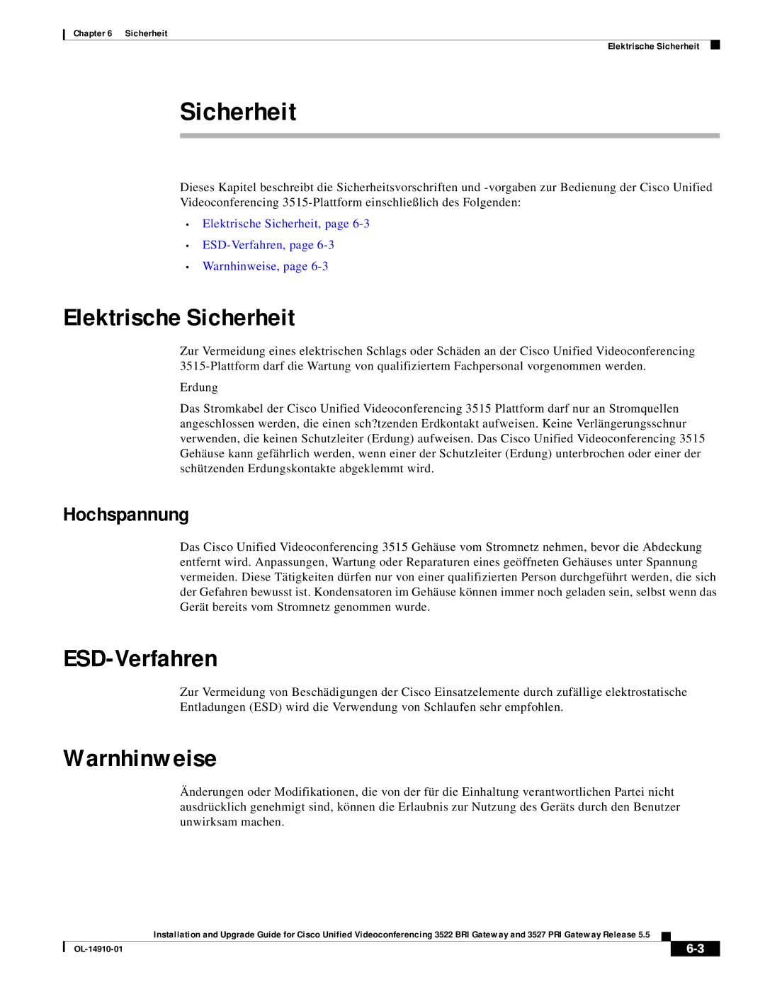 Cisco Systems 3522 BRI, 3527 PRI manual Elektrische Sicherheit, ESD-Verfahren, Warnhinweise, Hochspannung 