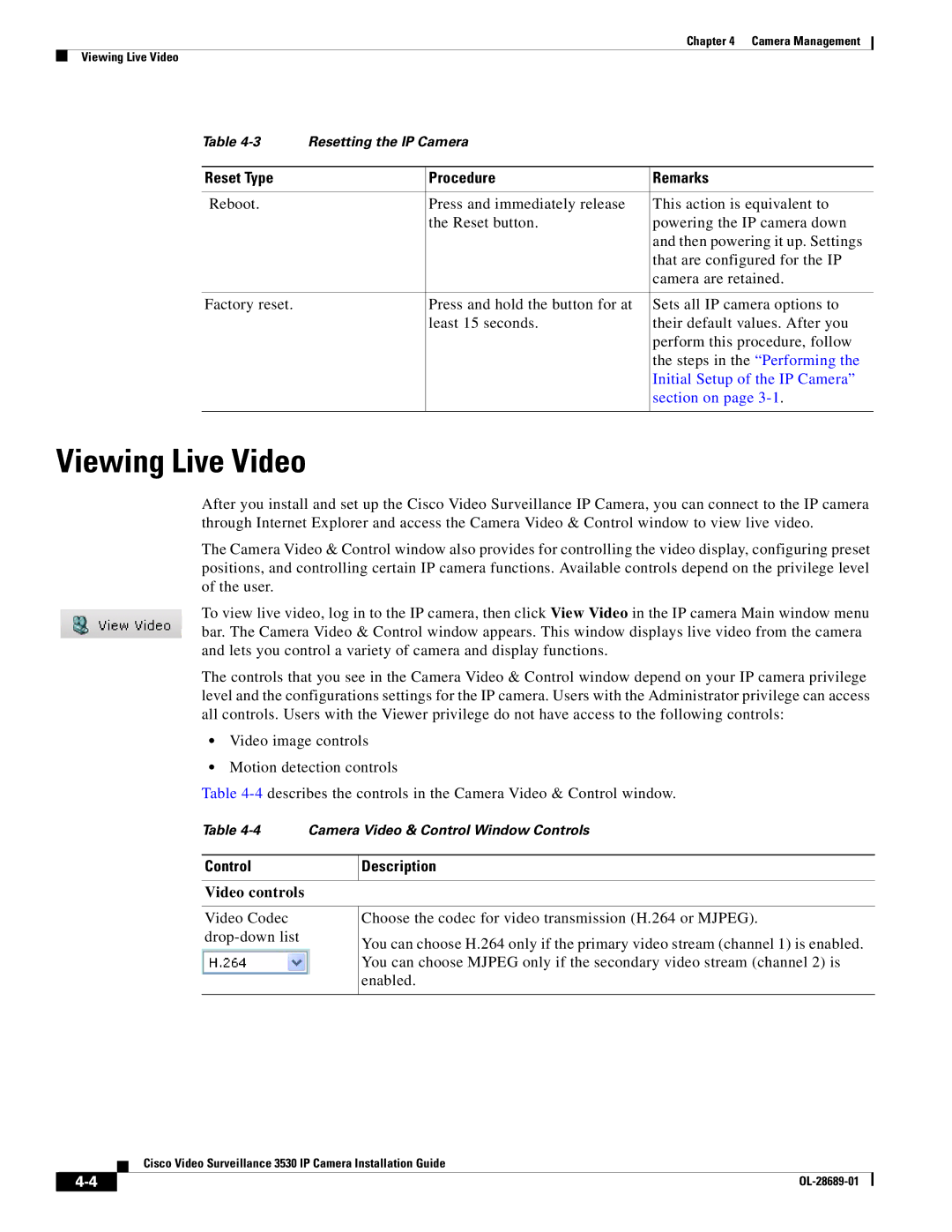 Cisco Systems 3530 manual Viewing Live Video, Reset Type Procedure Remarks, Control Description, Video controls 