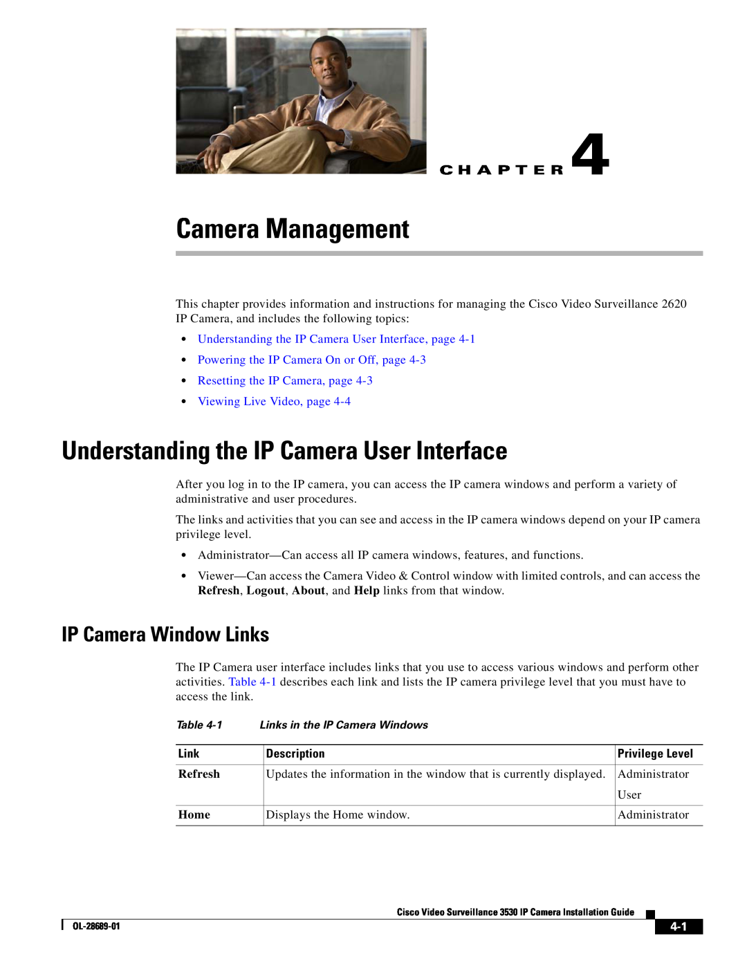 Cisco Systems 3530 Camera Management, Understanding the IP Camera User Interface, IP Camera Window Links, Refresh, Home 