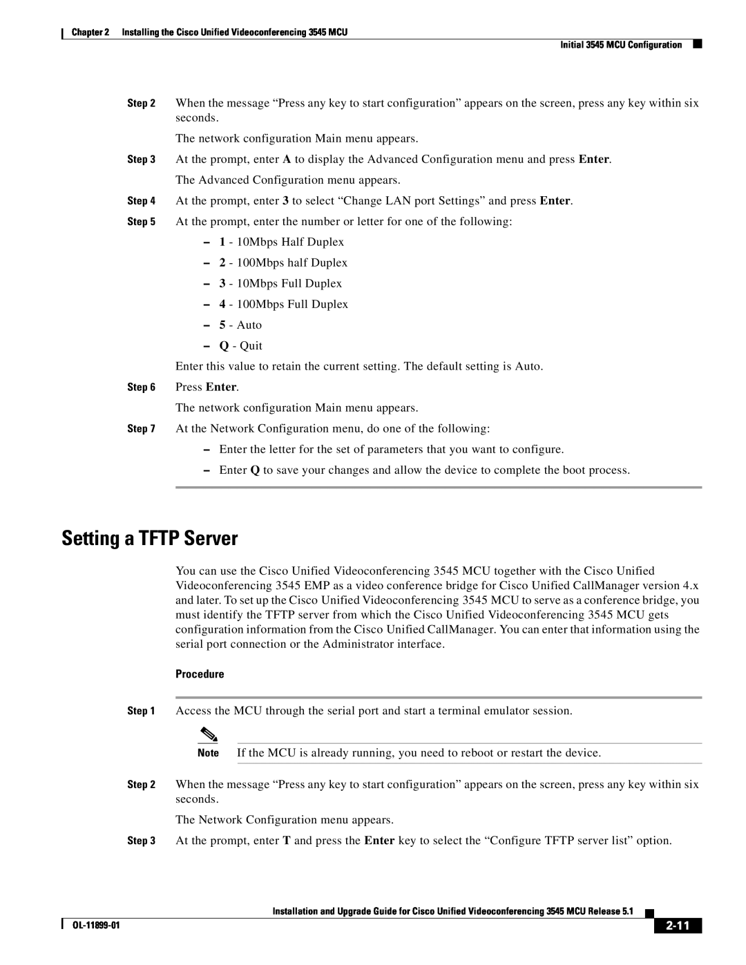 Cisco Systems 3545 MCU manual Setting a TFTP Server, Procedure, 2-11, Press Enter 