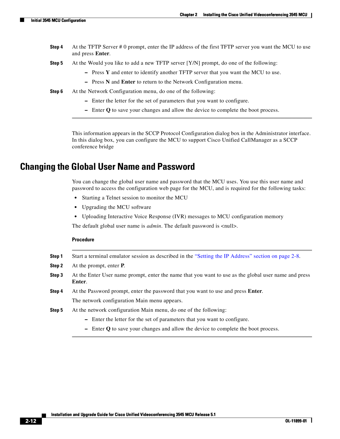 Cisco Systems 3545 MCU manual Changing the Global User Name and Password, Procedure, 2-12 