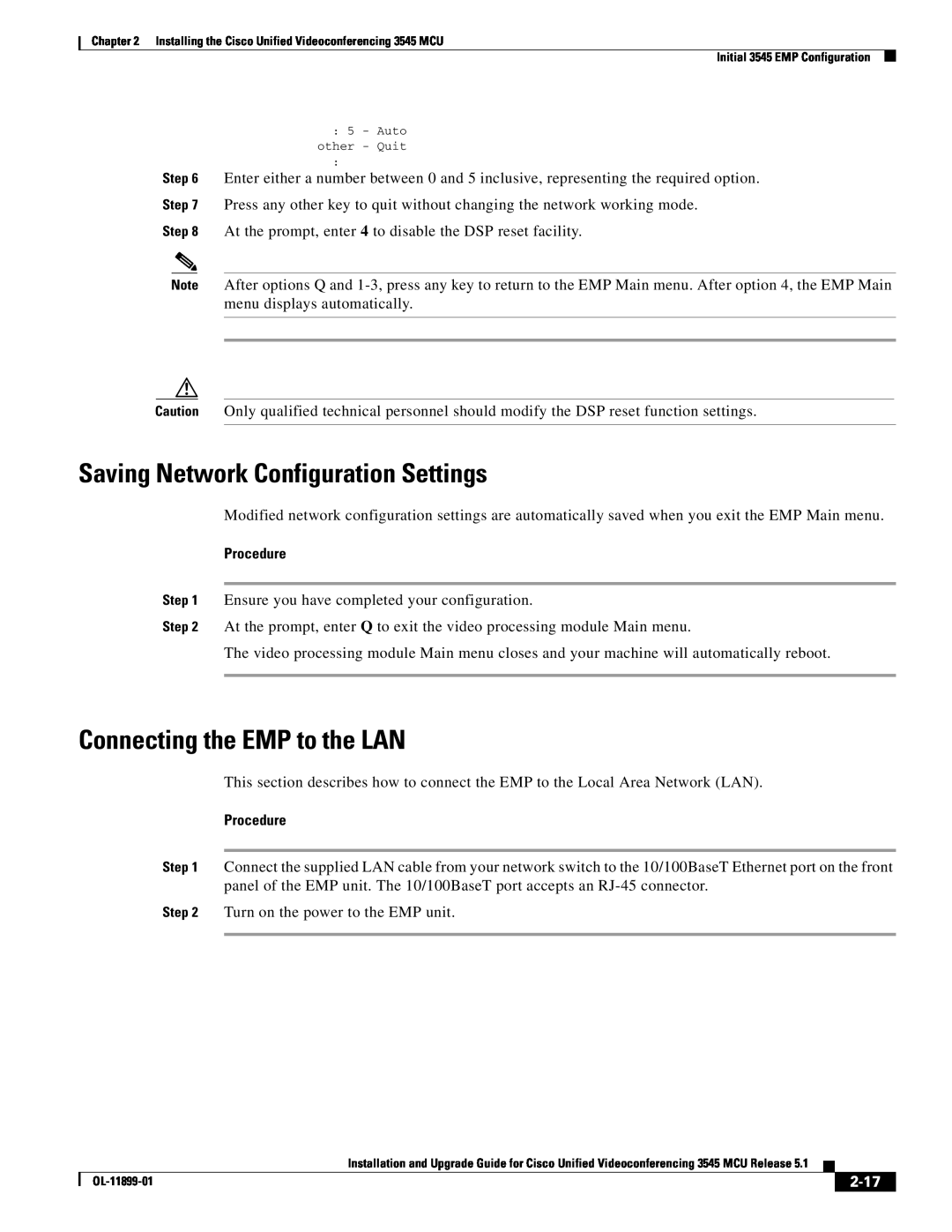 Cisco Systems 3545 MCU manual Saving Network Configuration Settings, Connecting the EMP to the LAN, Procedure, 2-17 