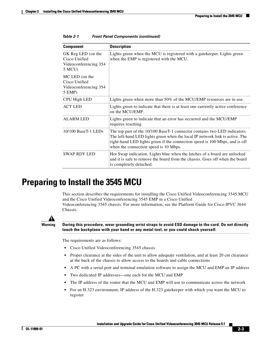 Cisco Systems manual Preparing to Install the 3545 MCU, Description, Front Panel Components continued 