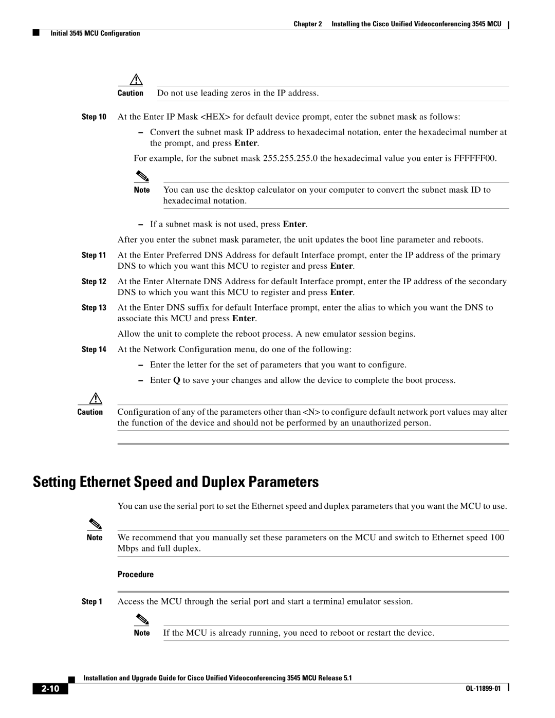 Cisco Systems 3545 MCU manual Setting Ethernet Speed and Duplex Parameters 