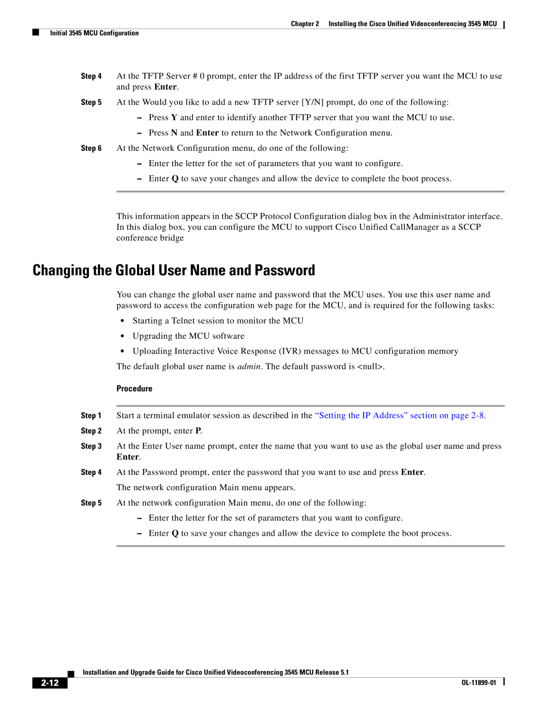 Cisco Systems 3545 MCU manual Changing the Global User Name and Password 