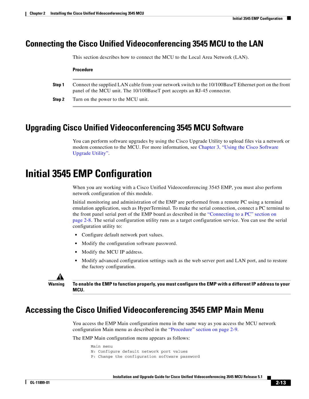 Cisco Systems manual Initial 3545 EMP Configuration, Upgrading Cisco Unified Videoconferencing 3545 MCU Software 