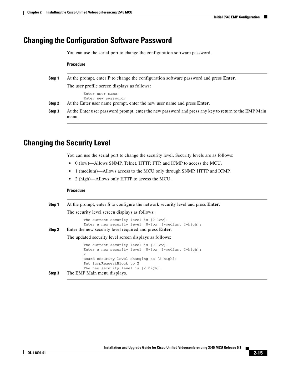 Cisco Systems 3545 MCU manual Changing the Configuration Software Password, Changing the Security Level 