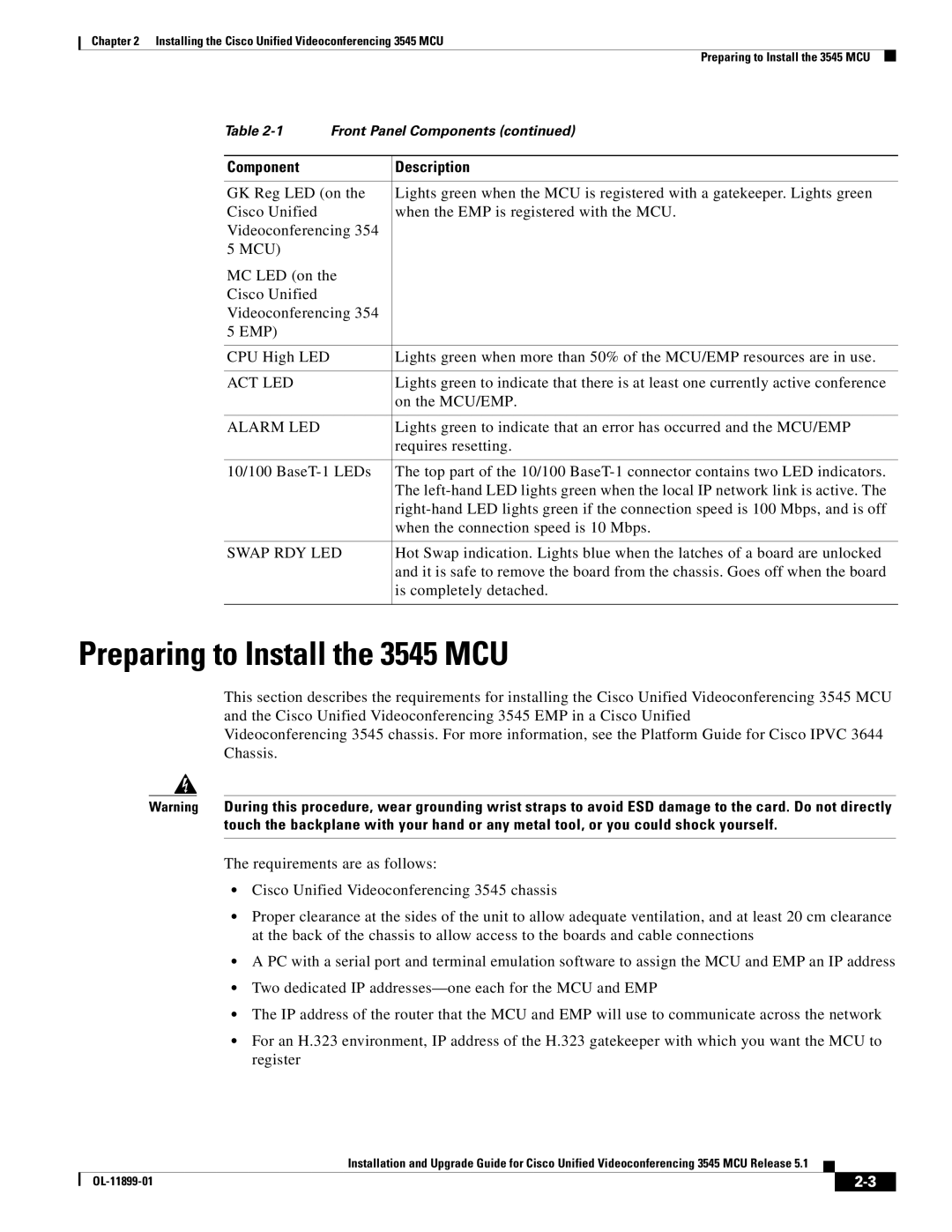 Cisco Systems manual Preparing to Install the 3545 MCU, Act Led 