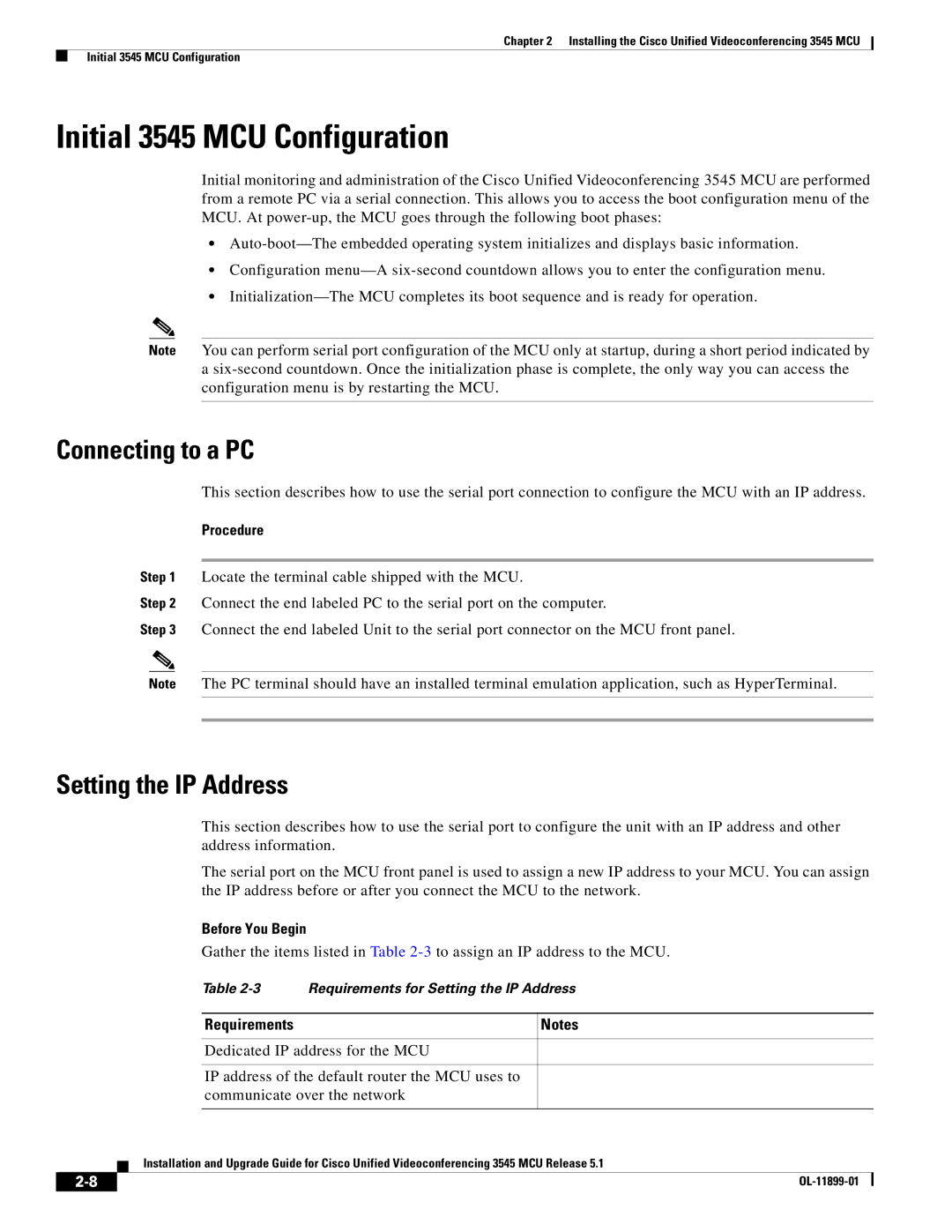 Cisco Systems manual Initial 3545 MCU Configuration, Connecting to a PC, Setting the IP Address 