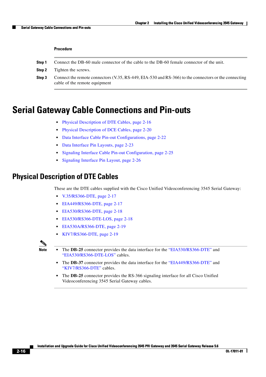Cisco Systems 3545 PRI Serial Gateway Cable Connections and Pin-outs, Physical Description of DTE Cables, 2-16, Procedure 