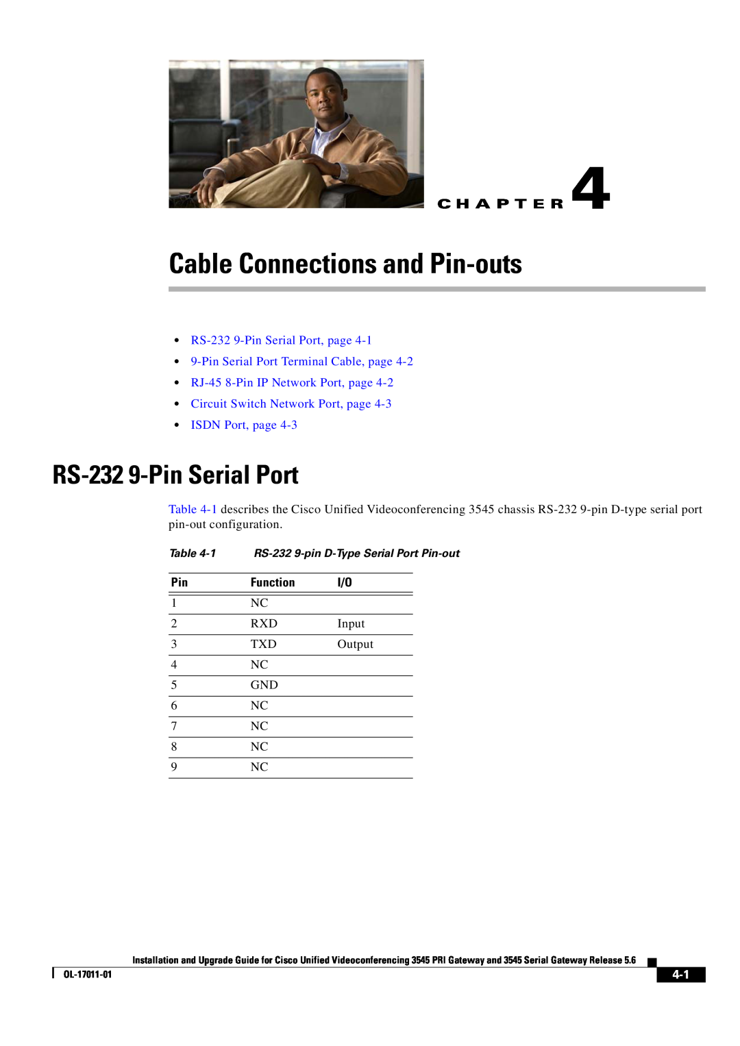 Cisco Systems 3545 Serial, 3545 PRI Cable Connections and Pin-outs, RS-232 9-Pin Serial Port, ISDN Port, page, Function 