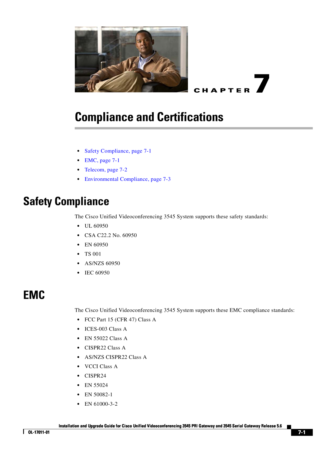 Cisco Systems 3545 Serial Compliance and Certifications, Safety Compliance, Environmental Compliance, page, C H A P T E R 