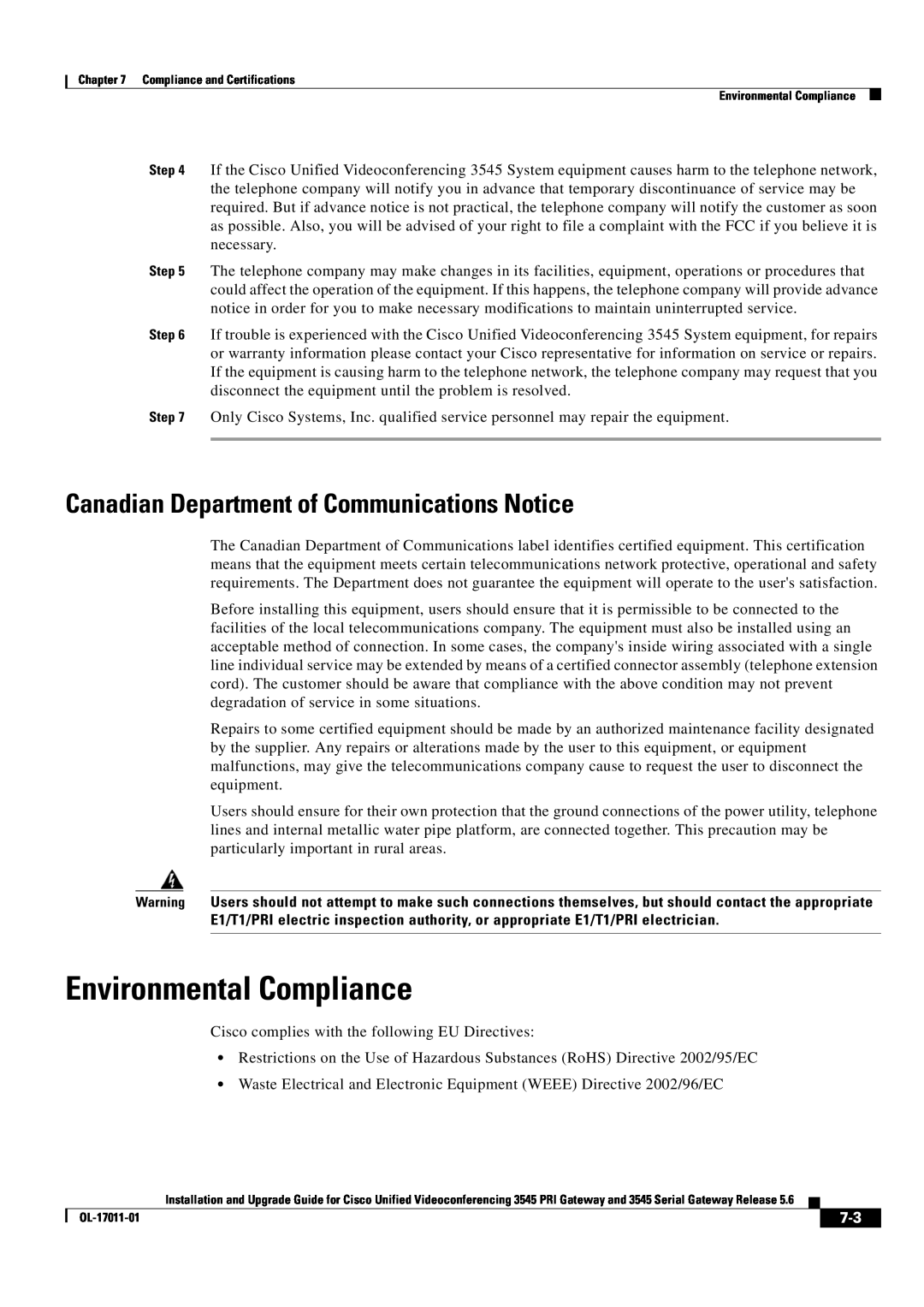 Cisco Systems 3545 Serial, 3545 PRI manual Environmental Compliance, Canadian Department of Communications Notice 