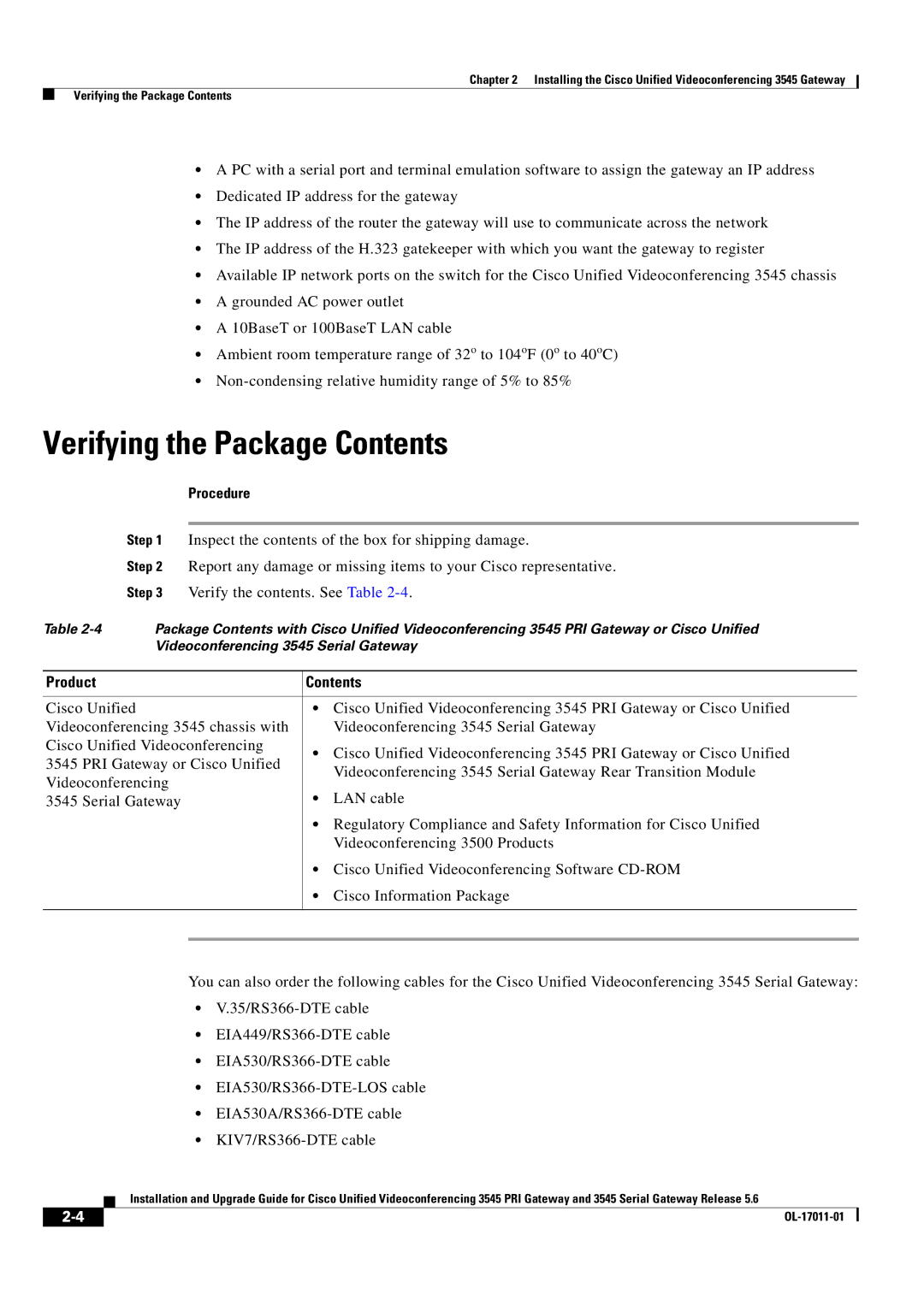 Cisco Systems 3545 PRI, 3545 Serial manual Verifying the Package Contents 