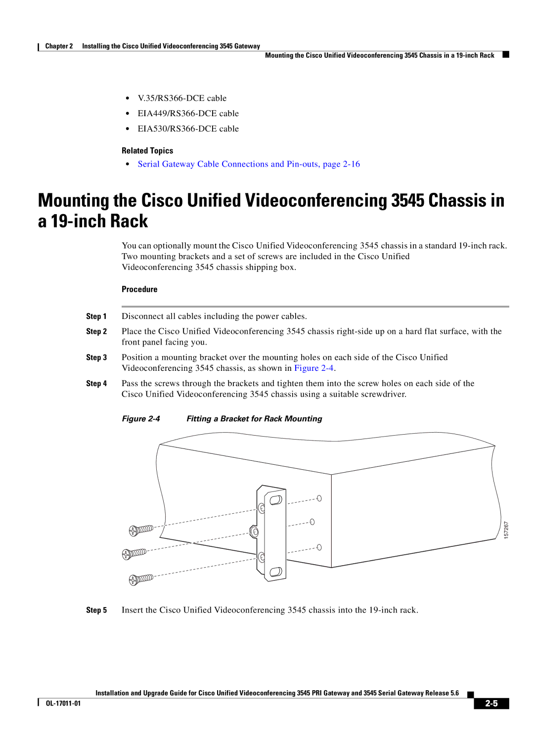 Cisco Systems 3545 Serial, 3545 PRI manual Related Topics, Fitting a Bracket for Rack Mounting 