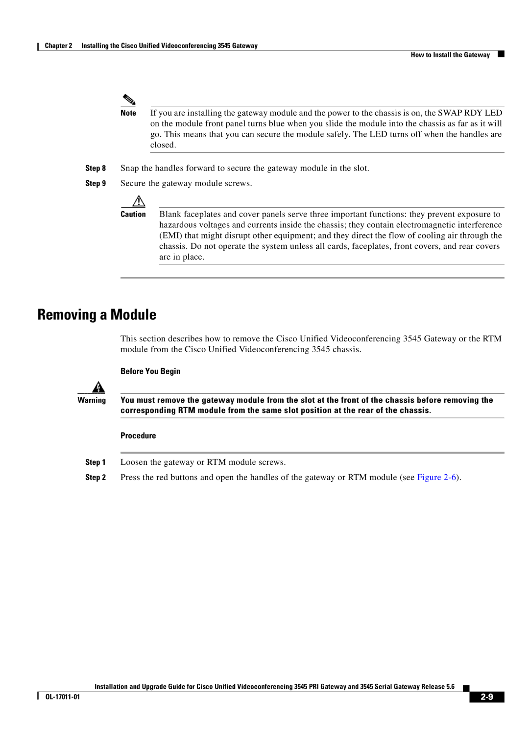 Cisco Systems 3545 Serial, 3545 PRI manual Removing a Module 