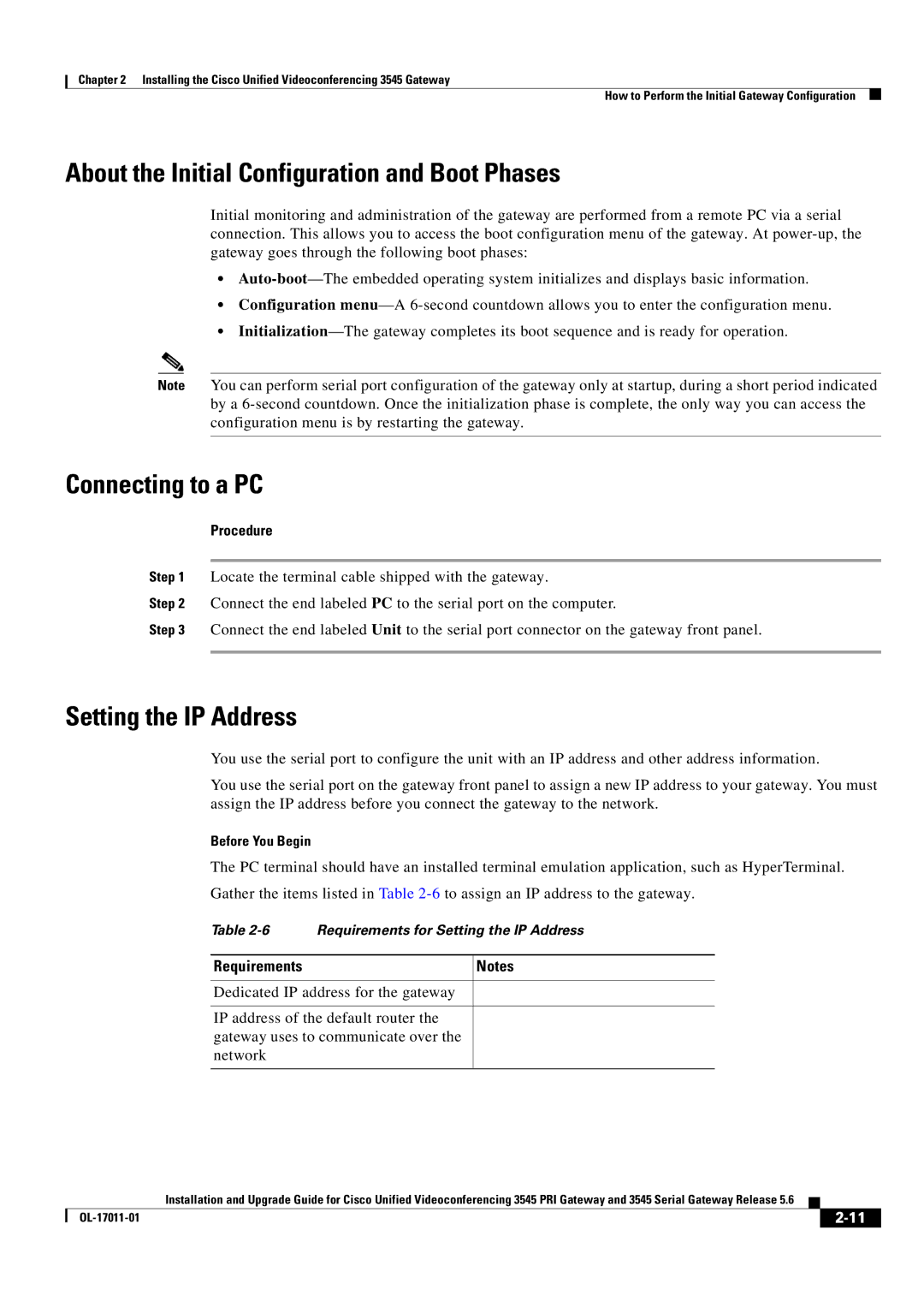 Cisco Systems 3545 Serial About the Initial Configuration and Boot Phases, Connecting to a PC, Setting the IP Address 