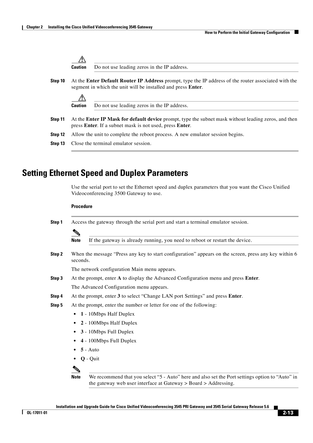 Cisco Systems 3545 Serial, 3545 PRI manual Setting Ethernet Speed and Duplex Parameters 