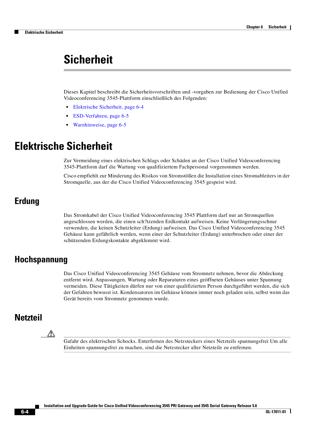 Cisco Systems 3545 PRI, 3545 Serial manual Elektrische Sicherheit, Erdung, Hochspannung, Netzteil 