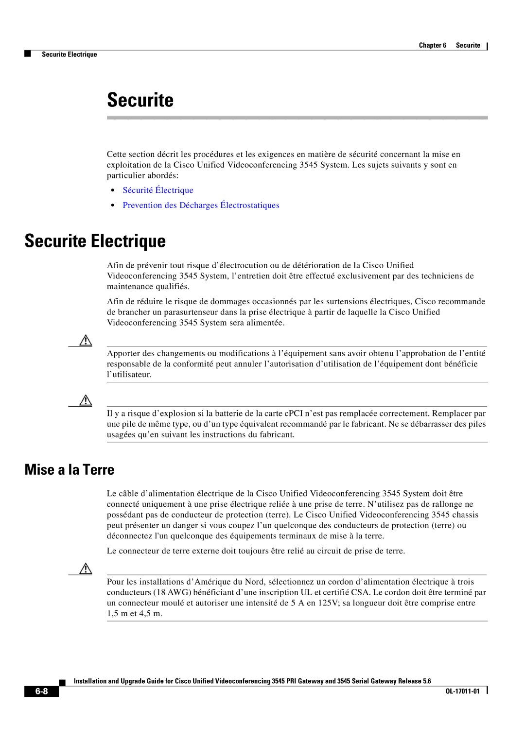 Cisco Systems 3545 PRI, 3545 Serial manual Securite Electrique, Mise a la Terre 