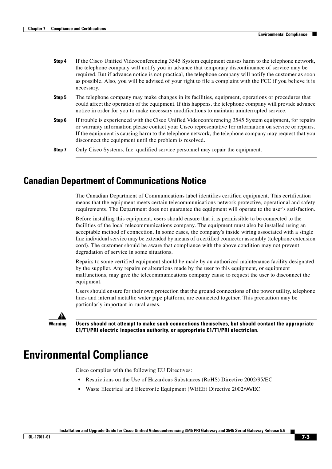 Cisco Systems 3545 Serial, 3545 PRI manual Environmental Compliance, Canadian Department of Communications Notice 