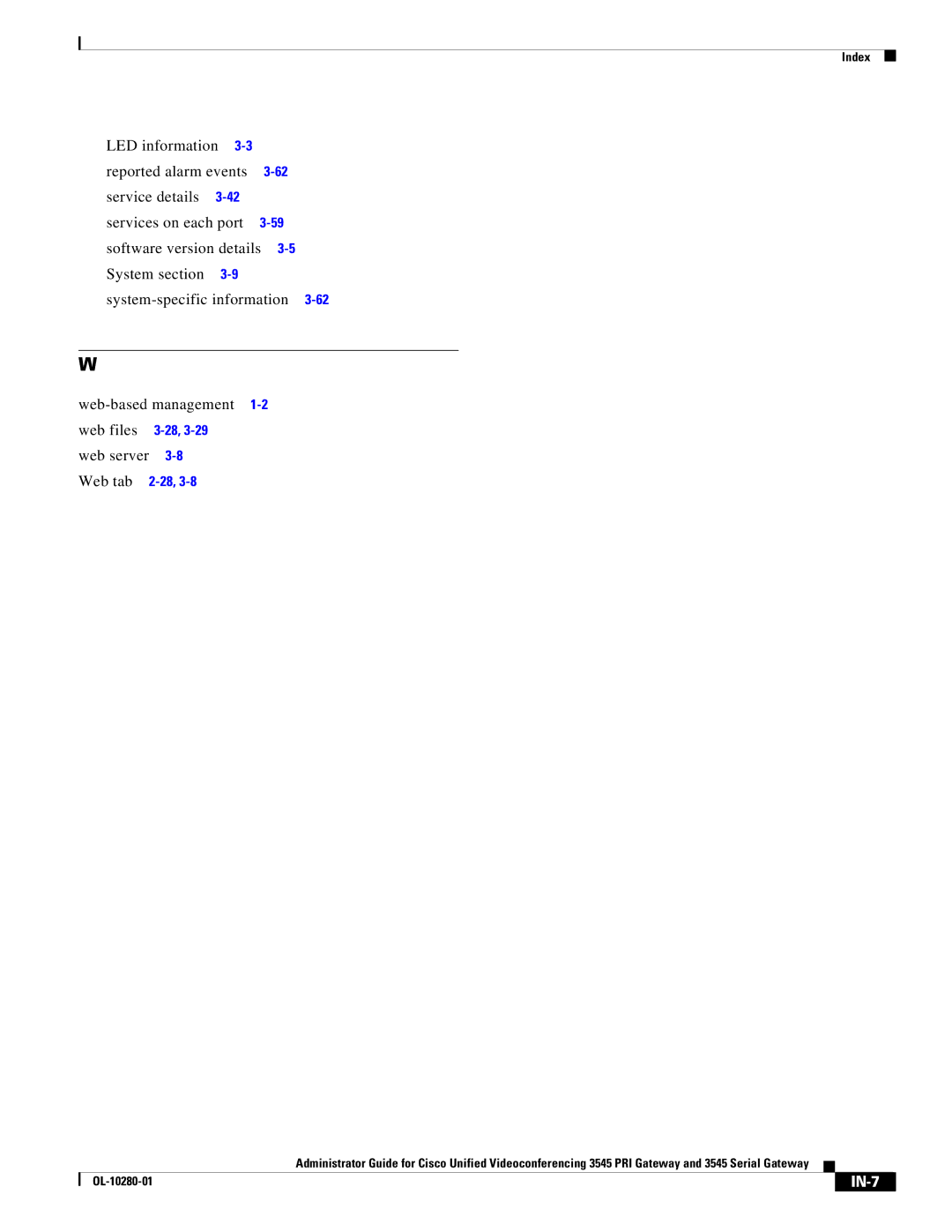 Cisco Systems 3545 manual Web files Web server Web tab, IN-7 