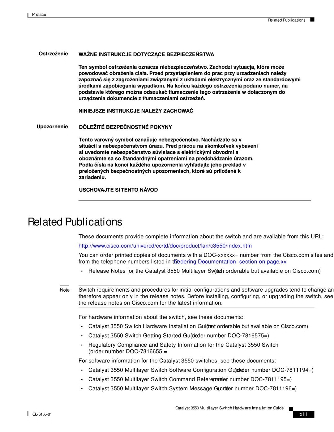 Cisco Systems 3550 manual Related Publications, Xiii 