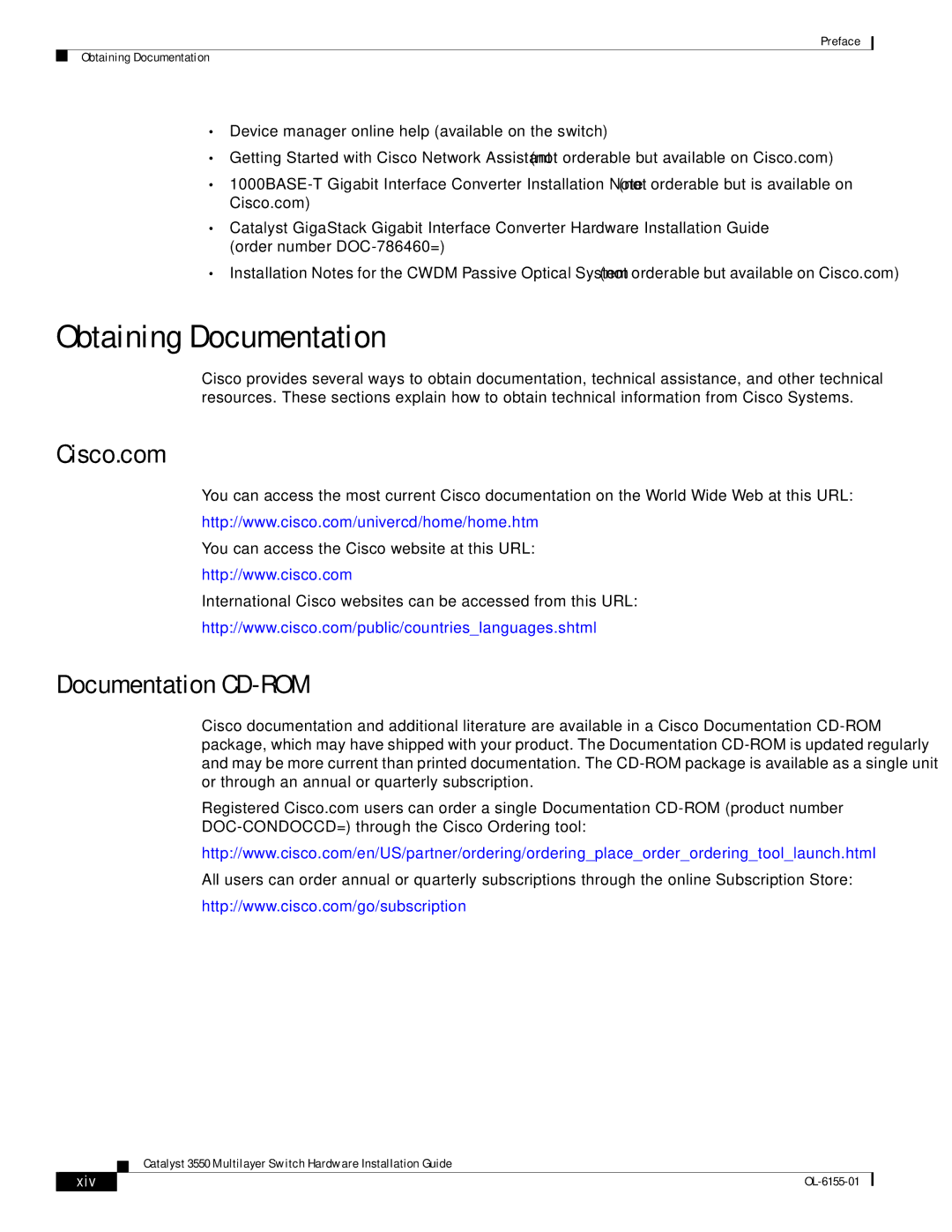 Cisco Systems 3550 manual Obtaining Documentation, Cisco.com, Documentation CD-ROM, Xiv 