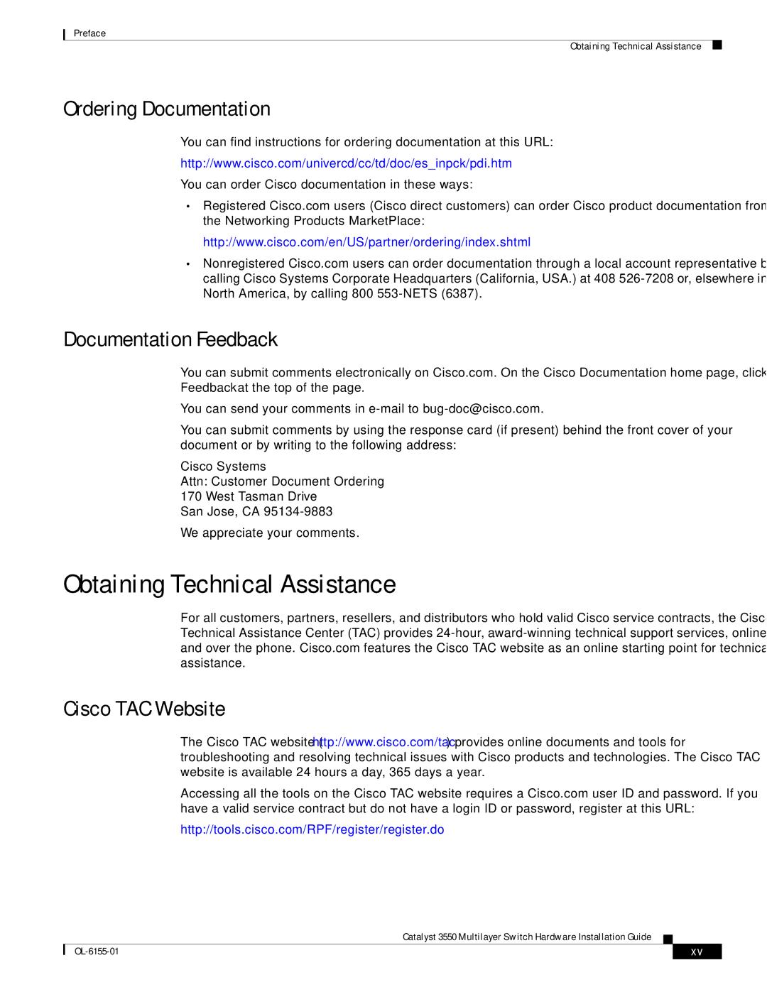 Cisco Systems 3550 manual Obtaining Technical Assistance, Ordering Documentation, Documentation Feedback, Cisco TAC Website 