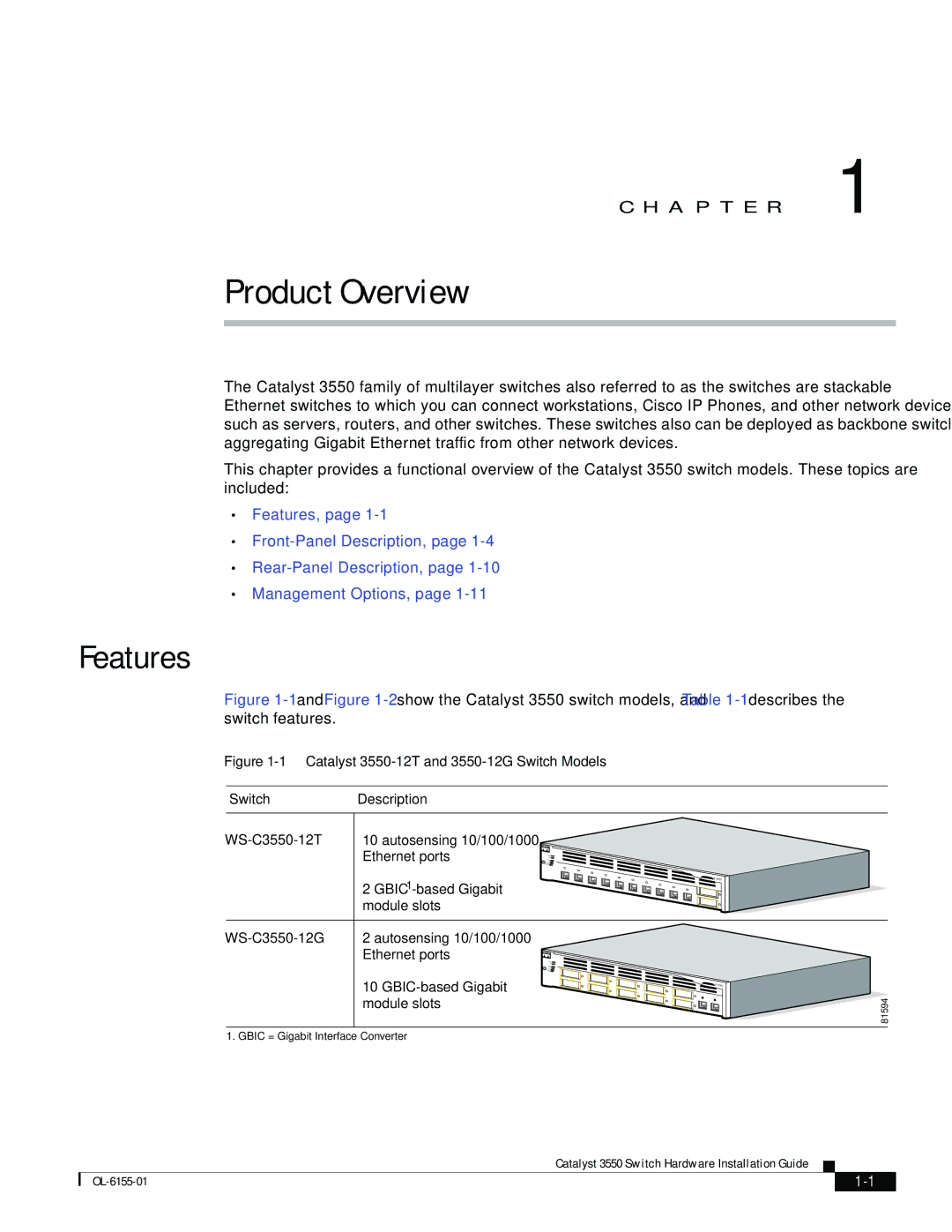 Cisco Systems 3550 manual Product Overview, Features 