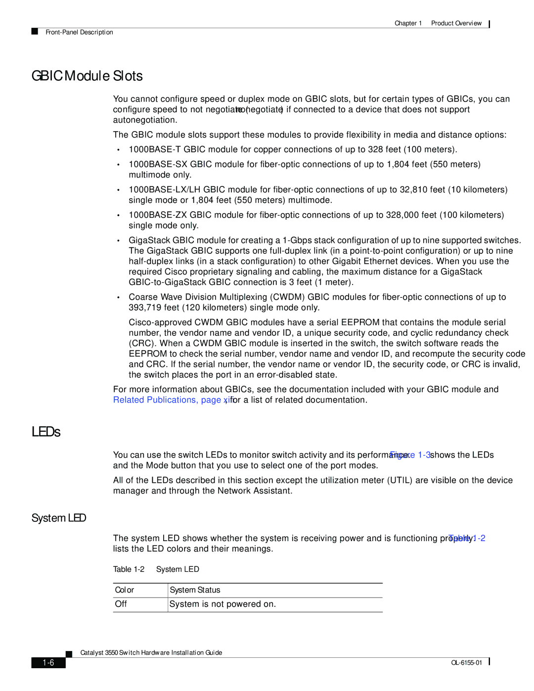 Cisco Systems 3550 manual Gbic Module Slots, LEDs, Color System Status 