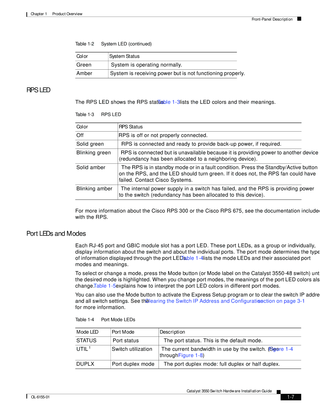 Cisco Systems 3550 manual Color RPS Status, Mode LED Port Mode Description 