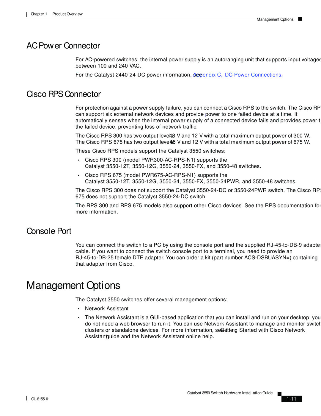 Cisco Systems 3550 manual Management Options, AC Power Connector, Cisco RPS Connector, Console Port 