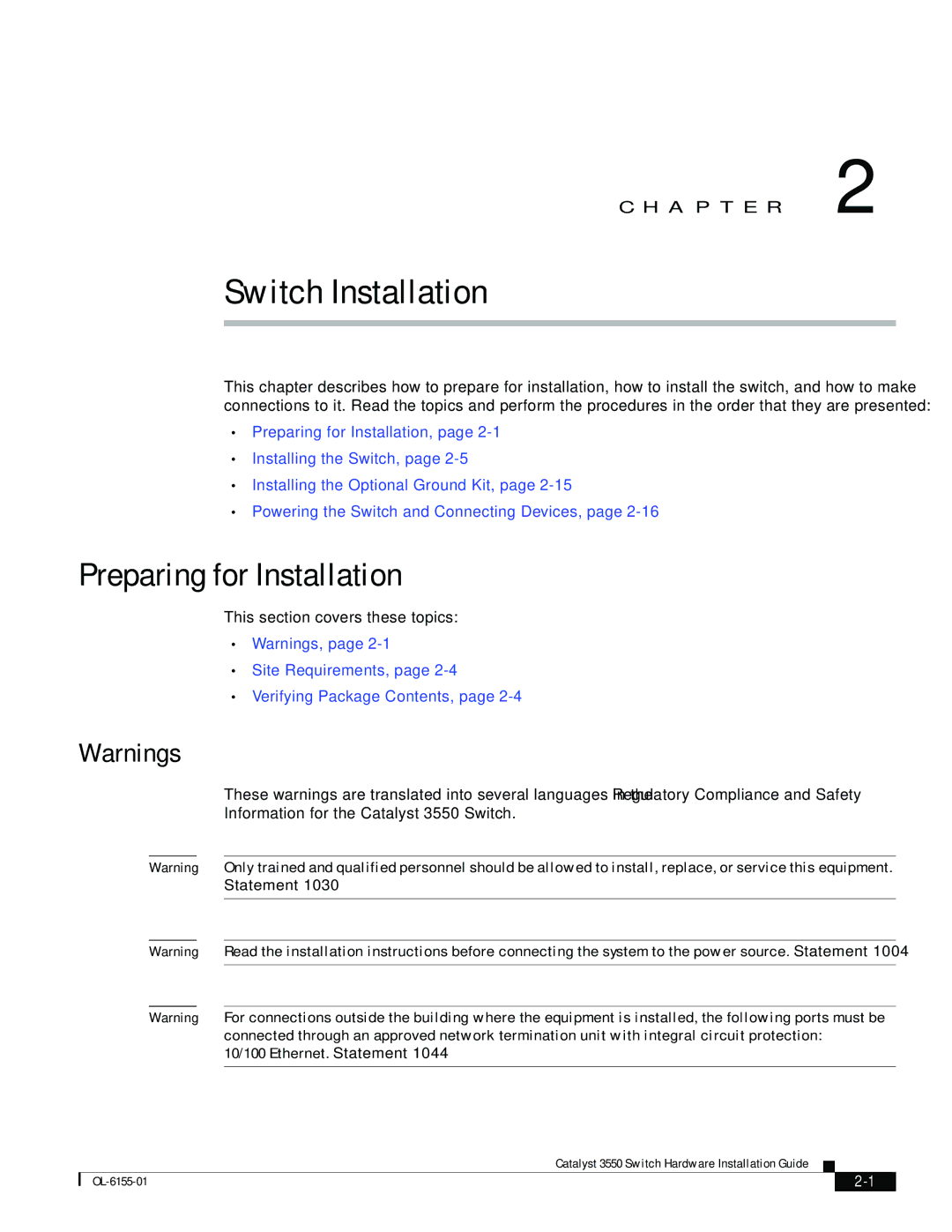 Cisco Systems 3550 manual Preparing for Installation, 10/100 Ethernet. Statement 