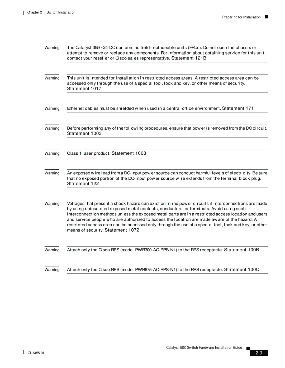 Cisco Systems 3550 manual Switch Installation Preparing for Installation 