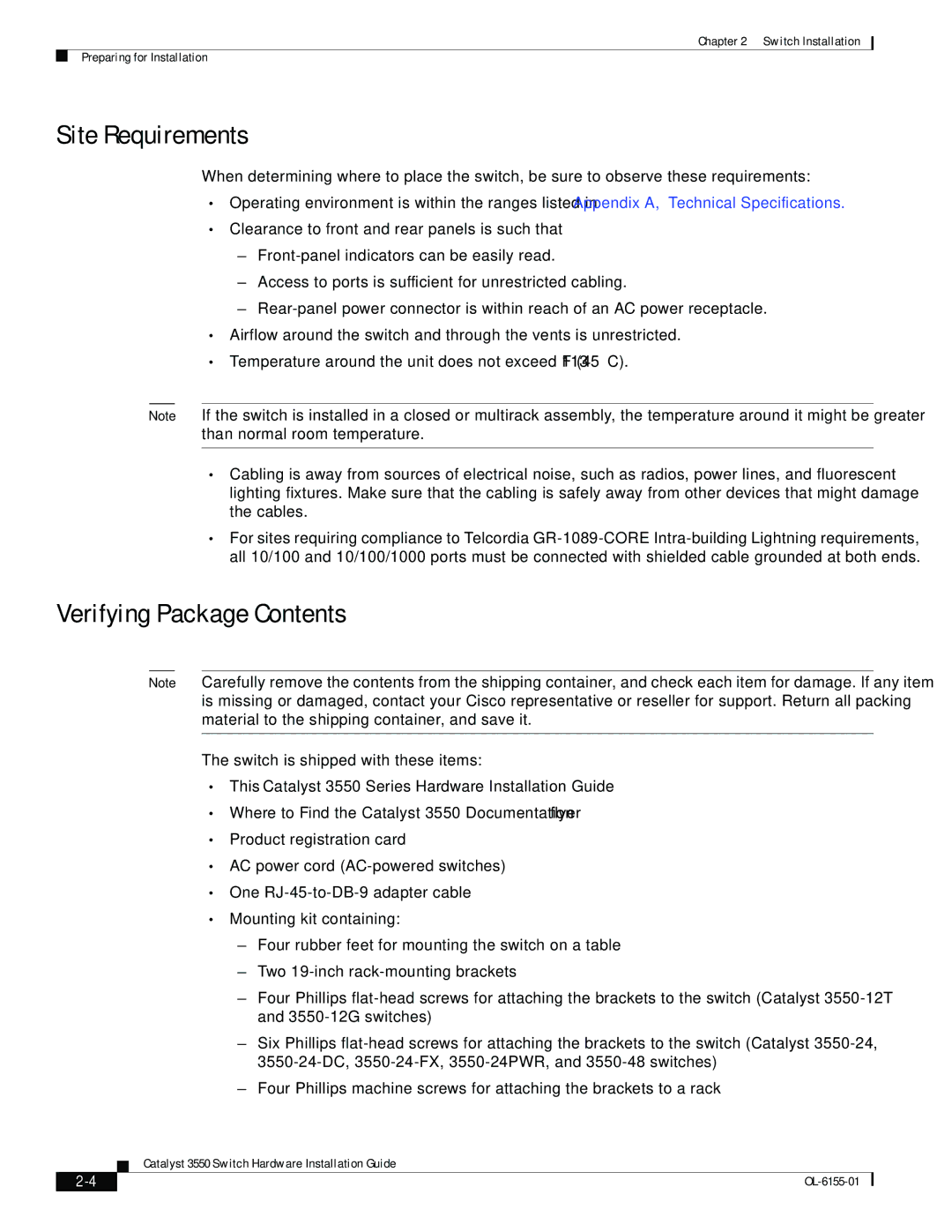 Cisco Systems 3550 manual Site Requirements, Verifying Package Contents 