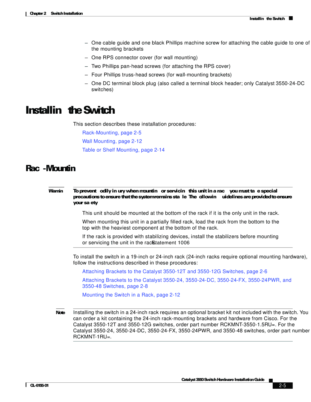 Cisco Systems 3550 manual Installing the Switch, Rack-Mounting 