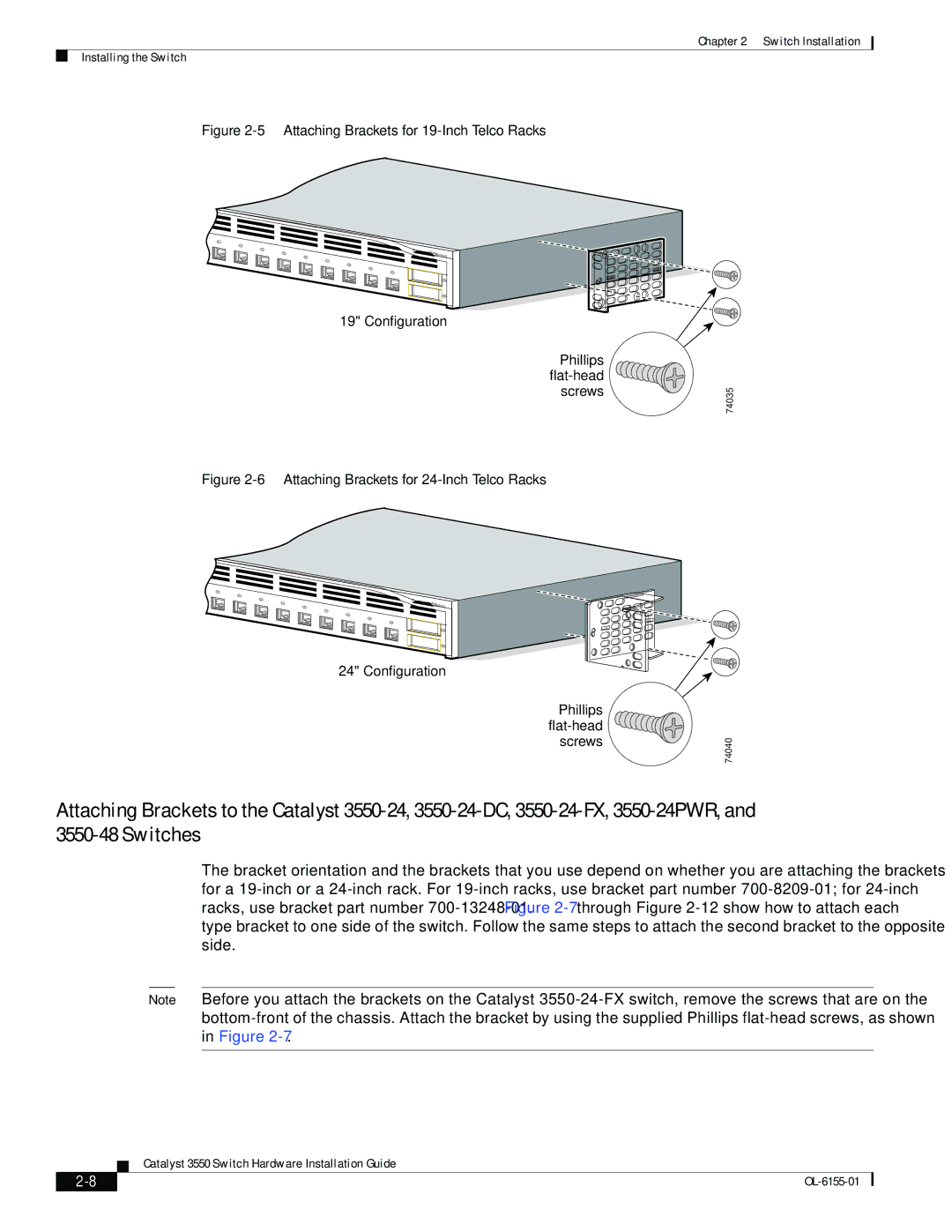 Cisco Systems 3550 manual Attaching Brackets for 19-Inch Telco Racks 