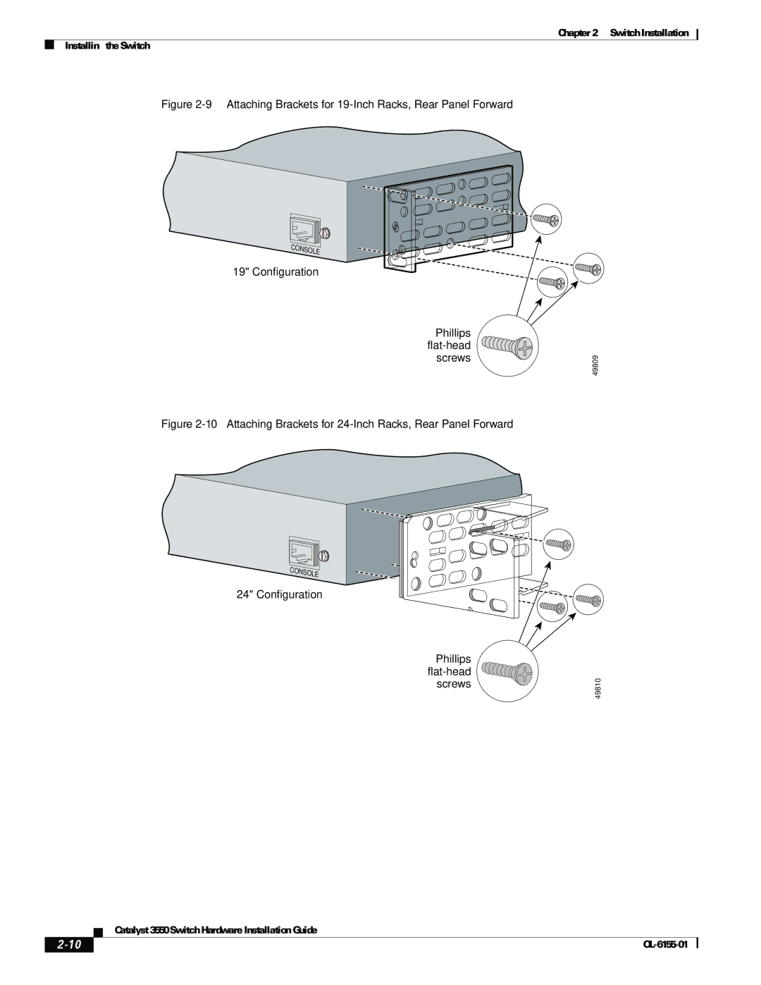 Cisco Systems 3550 manual Attaching Brackets for 24-Inch Racks, Rear Panel Forward 