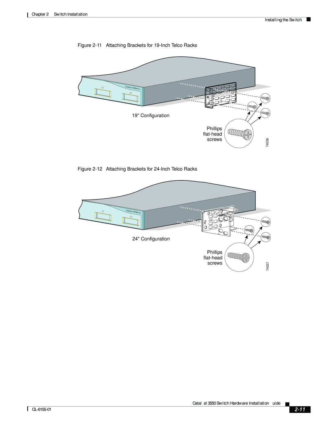 Cisco Systems 3550 manual Attaching Brackets for 19-Inch Telco Racks 