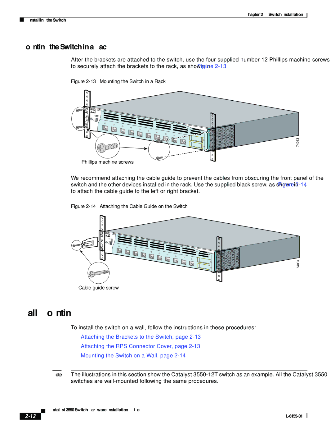 Cisco Systems 3550 manual Wall Mounting, Mounting the Switch in a Rack 