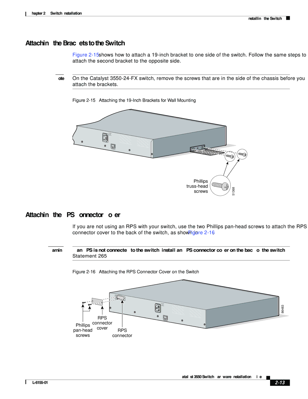 Cisco Systems 3550 manual Attaching the Brackets to the Switch 